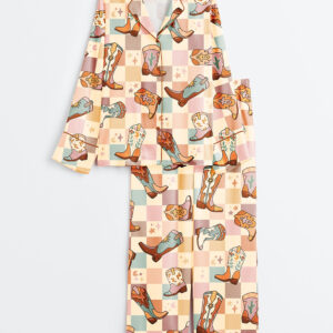 Women's Colorful Plaid Western Cowboy Boot Long Sleeve Satin Pajama Set