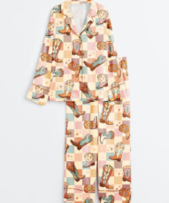 Women's Colorful Plaid Western Cowboy Boot Long Sleeve Satin Pajama Set