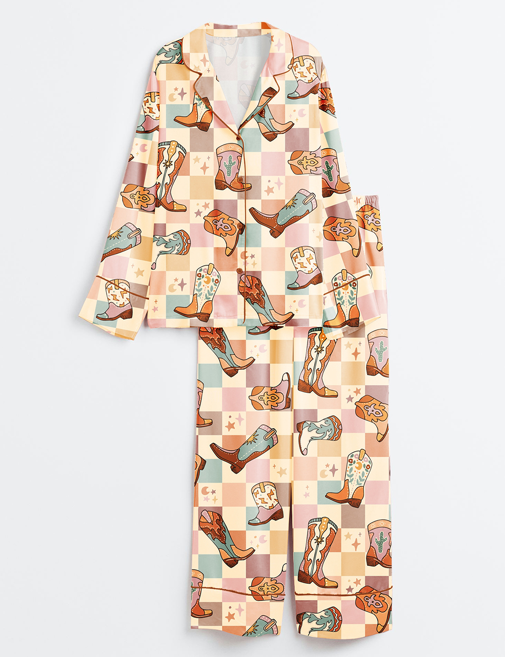 Women's Colorful Plaid Western Cowboy Boot Long Sleeve Satin Pajamas Set