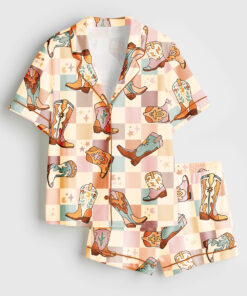 Women's Colorful Plaid Western Cowboy Boot Short Sleeve Satin Pajama Set