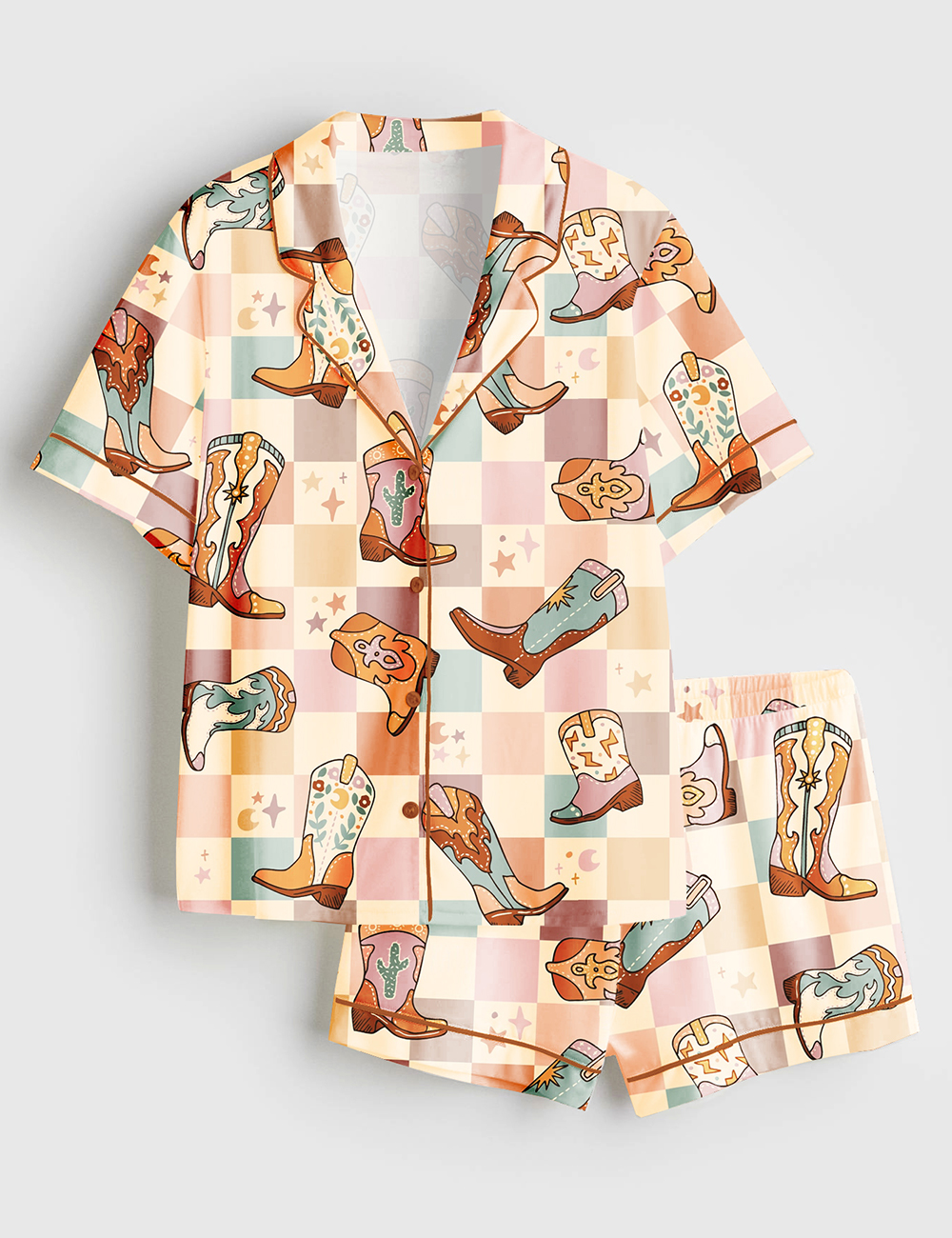 Womenâ€™s Colorful Plaid Western Cowboy Boot Short Sleeve Satin Pajama Set