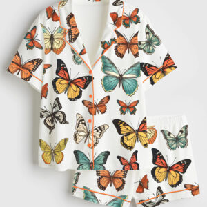 Women's Colorful Spring Butterflies Short Sleeve Satin Pajama Set