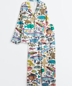 Women's Colourful Creatures Print Ocean Beach Long Sleeve Satin Pajama Set