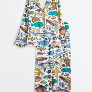 Women's Colourful Creatures Print Ocean Beach Long Sleeve Satin Pajama Set