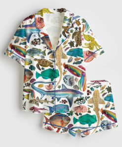 Women's Colourful Creatures Print Ocean Beach Short Sleeve Satin Pajama Set