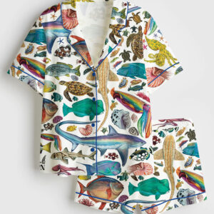 Women's Colourful Creatures Print Ocean Beach Short Sleeve Satin Pajama Set