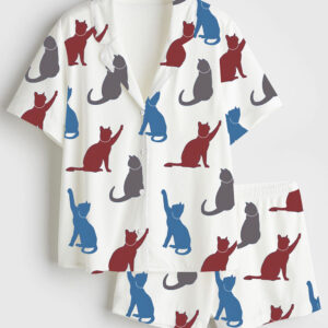 Women's Comma La Cat Print Pajama Set