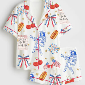 Womenâ€™s Coquette 4th Of July American Cowgirl Coquette Cowgirl Patriotic Western Short Sleeve Satin Pajama Set