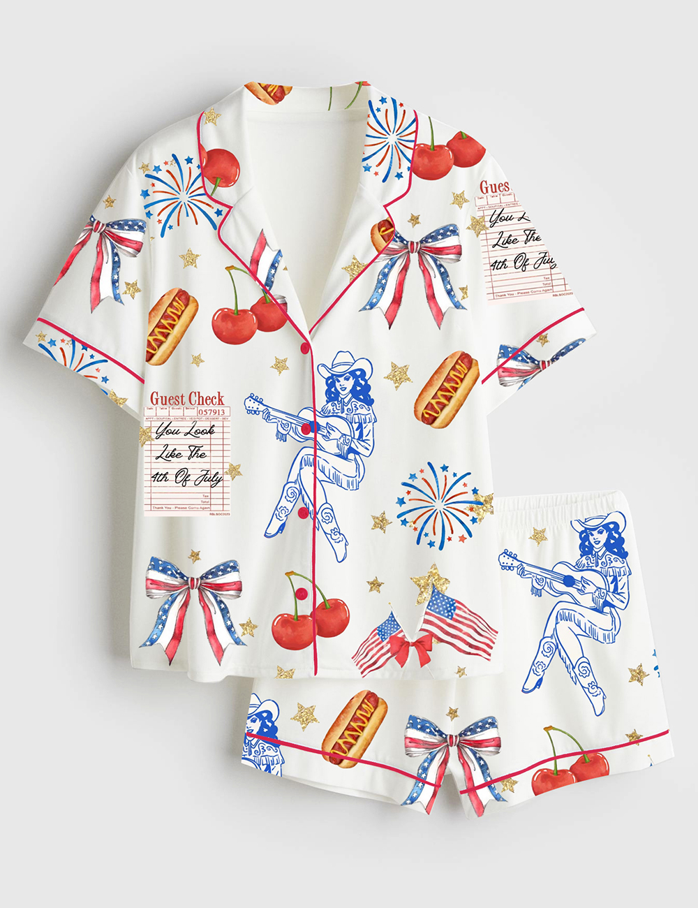 Womenâ€™s Coquette 4th Of July American Cowgirl Coquette Cowgirl Patriotic Western Short Sleeve Satin Pajama Set