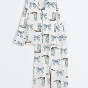 Women's Coquette Blue Bow And Boots Cowgirl Long Sleeve Satin Pajamas Set