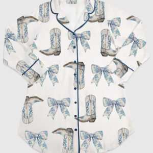 Womenâ€™s Coquette Blue Bow And Boots Cowgirl Long Sleeve Satin Sleep Shirt