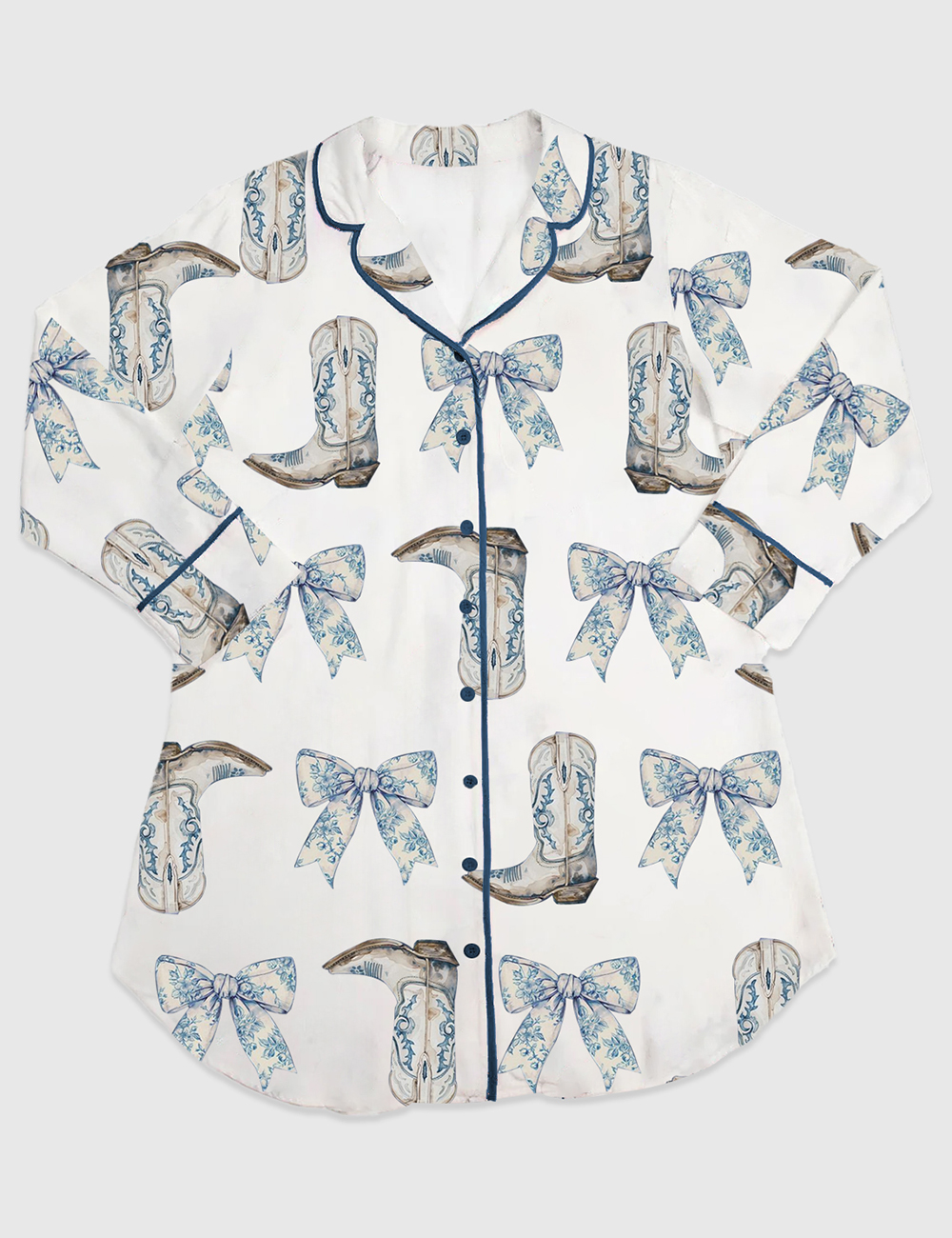 Womenâ€™s Coquette Blue Bow And Boots Cowgirl Long Sleeve Satin Sleep Shirt