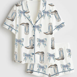 Women's Coquette Blue Bow And Boots Cowgirl  Short Sleeve Satin Pajama Set