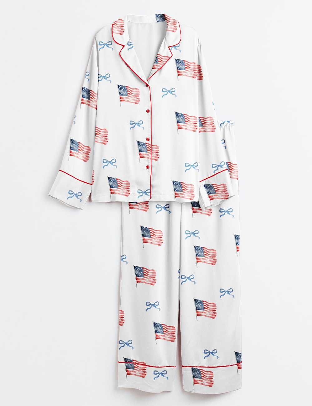 Women's Coquette Bow America Flag 4th Of July Long Sleeve Satin Pajama Set