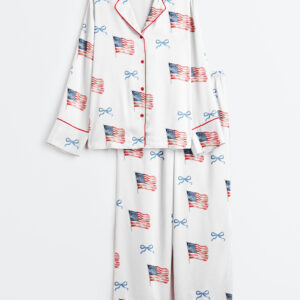 Women's Coquette Bow America Flag 4th Of July Long Sleeve Satin Pajamas Set