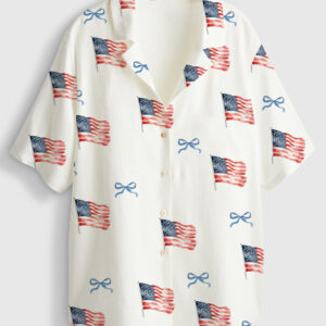 Womenâ€™s Coquette Bow America Flag 4th Of July Short Sleeve Linen Blend Hawaiian Shirt