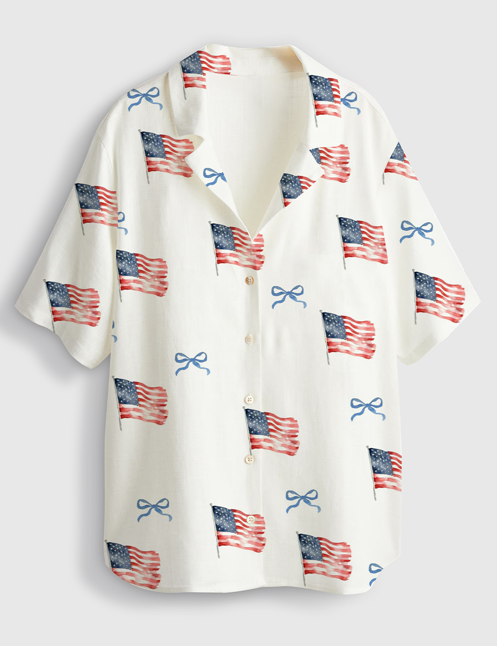 Womenâ€™s Coquette Bow America Flag 4th Of July Short Sleeve Linen Blend Hawaiian Shirt