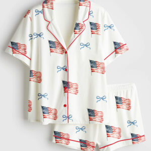 Women's Coquette Bow America Flag 4th Of July Short Sleeve Satin Pajama Set