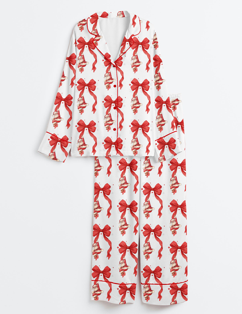 Womenâ€™s Coquette Bow Christmas Santa Long Sleeve Satin Pajama Set