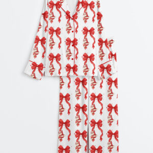 Women's Coquette Bow Christmas Santa Long Sleeve Satin Pajamas Set