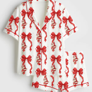 Womenâ€™s Coquette Bow Christmas Santa Short Sleeve Satin Pajama Set