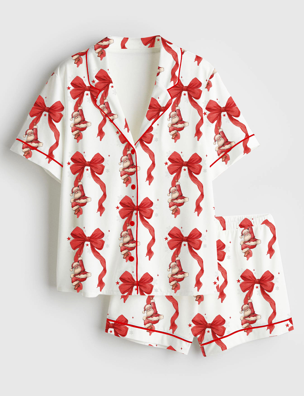 Womenâ€™s Coquette Bow Christmas Santa Short Sleeve Satin Pajama Set
