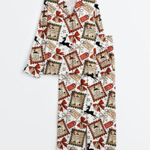 Women's Coquette Bow Christmas Stamp North Pole Long Sleeve Satin Pajama Set