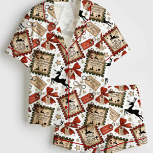 Women's Coquette Bow Christmas Stamp North Pole Short Sleeve Satin Pajama Set