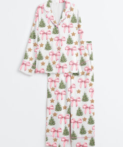 Women's Coquette Bow Christmas Tree Long Sleeve Satin Pajama Set