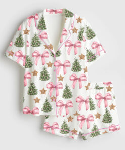 Women's Coquette Bow Christmas Tree Short Sleeve Satin Pajama Set