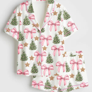 Womenâ€™s Coquette Bow Christmas Tree Short Sleeve Satin Pajama Set