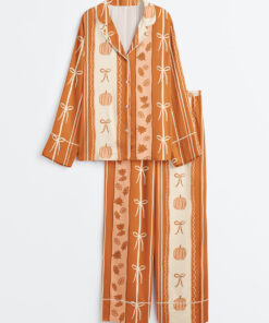 Women's Coquette Bow Pumpkin Stripes Long Sleeve Satin Pajama Set
