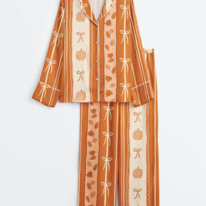 Women's Coquette Bow Pumpkin Stripes Long Sleeve Satin Pajamas Set