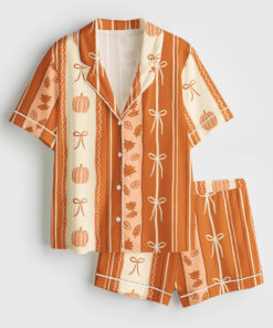 Women's Coquette Bow Pumpkin Stripes Short Sleeve Satin Pajama Set