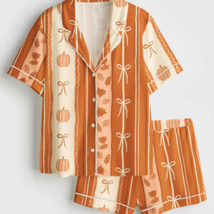 Women's Coquette Bow Pumpkin Stripes Short Sleeve Satin Pajama Set