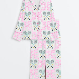 Women's Coquette Bow Tennis Love Long Sleeve Satin Pajamas Set