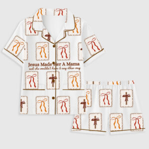 Women's Coquette Christian Mama Fall Jesus Made Her A Mama Short Sleeve Pocket Cotton Pajama Set