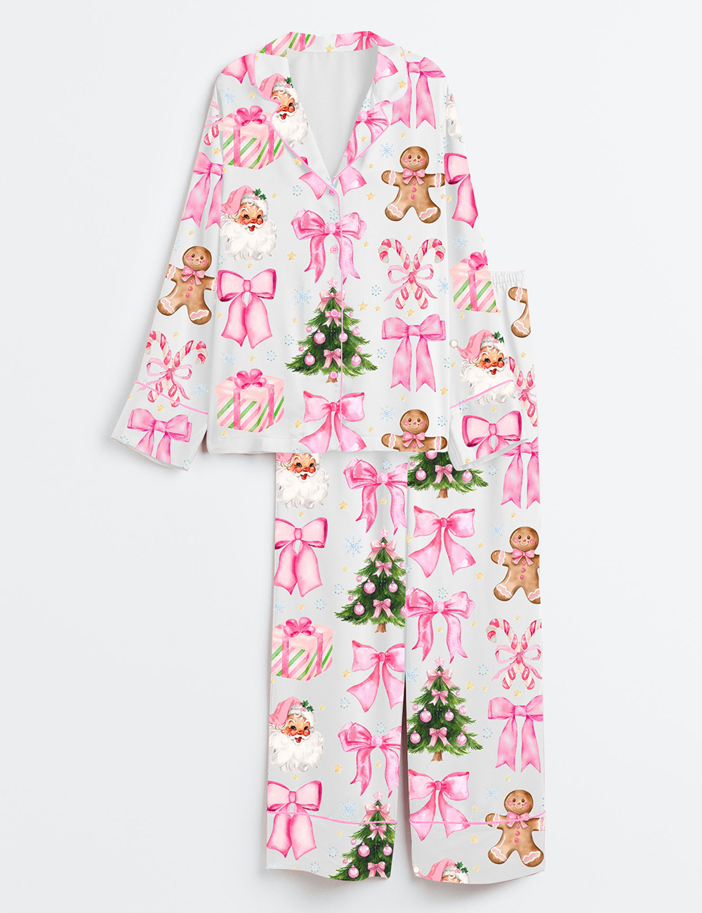 Womenâ€™s Coquette Christmas Candy Cane Pink Bows Santa Christmas Tree Long Sleeve Satin Pajama Set