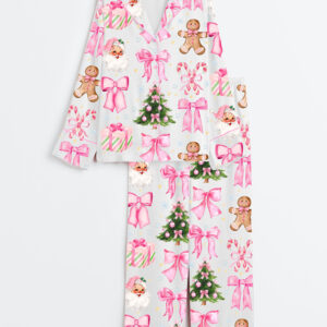 Women's Coquette Christmas Candy Cane Pink Bows Santa Christmas Tree Long Sleeve Satin Pajamas Set