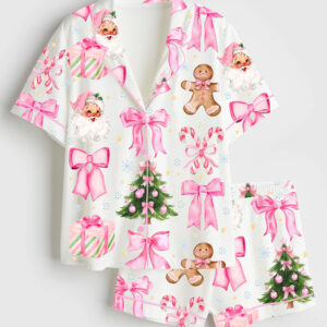 Womenâ€™s Coquette Christmas Candy Cane Pink Bows Santa Christmas Tree Short Sleeve Satin Pajama Set