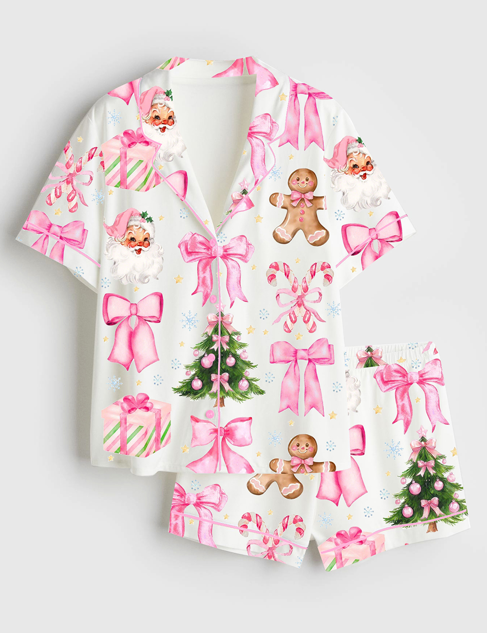 Womenâ€™s Coquette Christmas Candy Cane Pink Bows Santa Christmas Tree Short Sleeve Satin Pajama Set