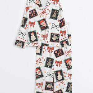 Women's Coquette Christmas Girly Christmas Stamps Preppy Holiday Long Sleeve Satin Pajamas Set
