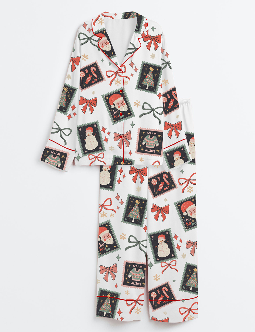 Women's Coquette Christmas Girly Christmas Stamps Preppy Holiday Long Sleeve Satin Pajamas Set