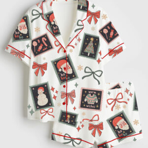 Womenâ€™s Coquette Christmas Girly Christmas Stamps Preppy Holiday Short Sleeve Satin Pajama Set