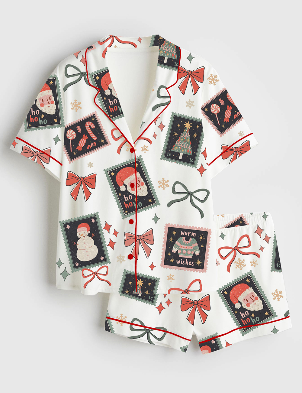 Women’s Coquette Christmas Girly Christmas Stamps Preppy Holiday Short Sleeve Satin Pajama Set