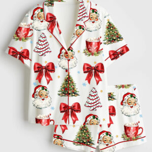 Womenâ€™s Coquette Christmas  Retro Holidays Santa Hot Cocoa Candy Cane Tree Cake Short Sleeve Satin Pajama Set