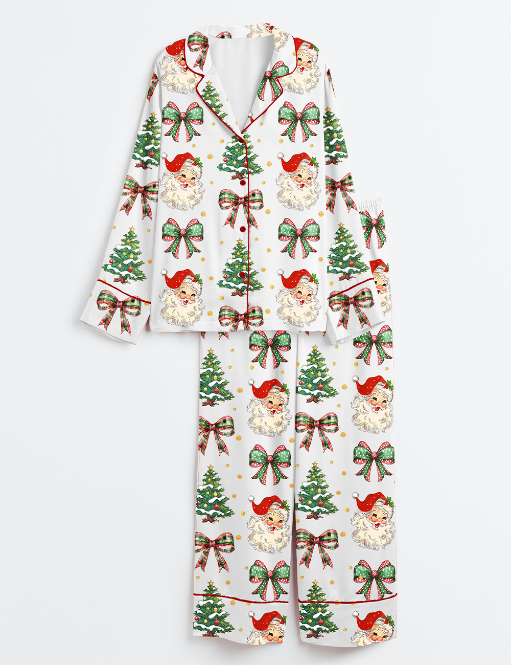 Womenâ€™s Coquette Christmas Santa Christmas Tree On Gold Dots Long Sleeve Satin Pajama Set