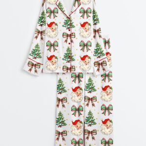 Women's Coquette Christmas Santa Christmas Tree On Gold Dots Long Sleeve Satin Pajama Set