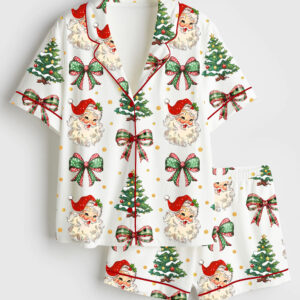 Womenâ€™s Coquette Christmas Santa Christmas Tree On Gold Dots Short Sleeve Satin Pajama Set