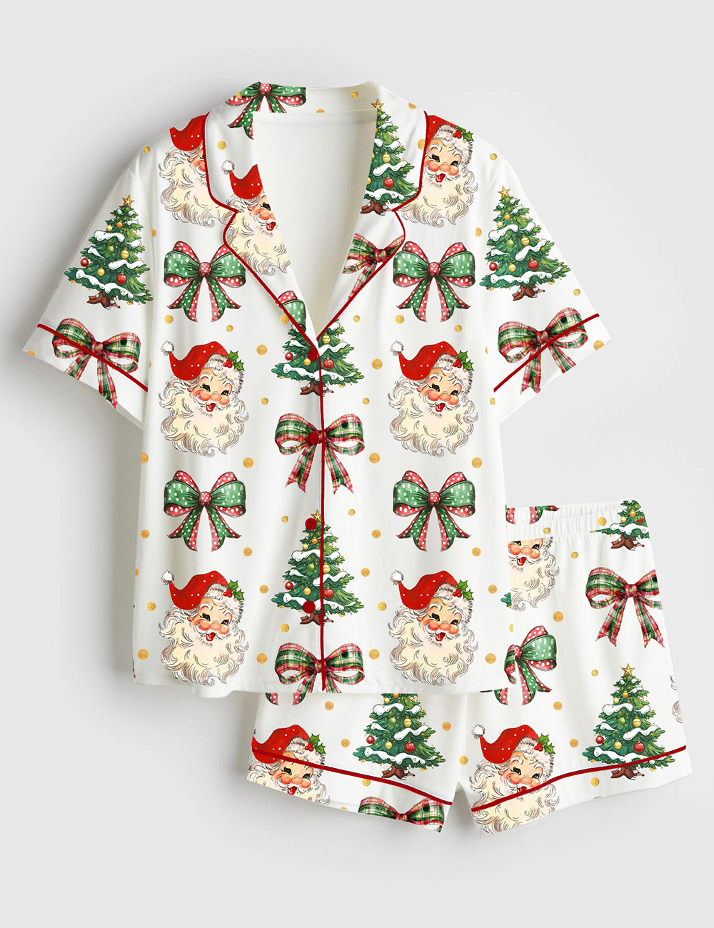 Womenâ€™s Coquette Christmas Santa Christmas Tree On Gold Dots Short Sleeve Satin Pajama Set